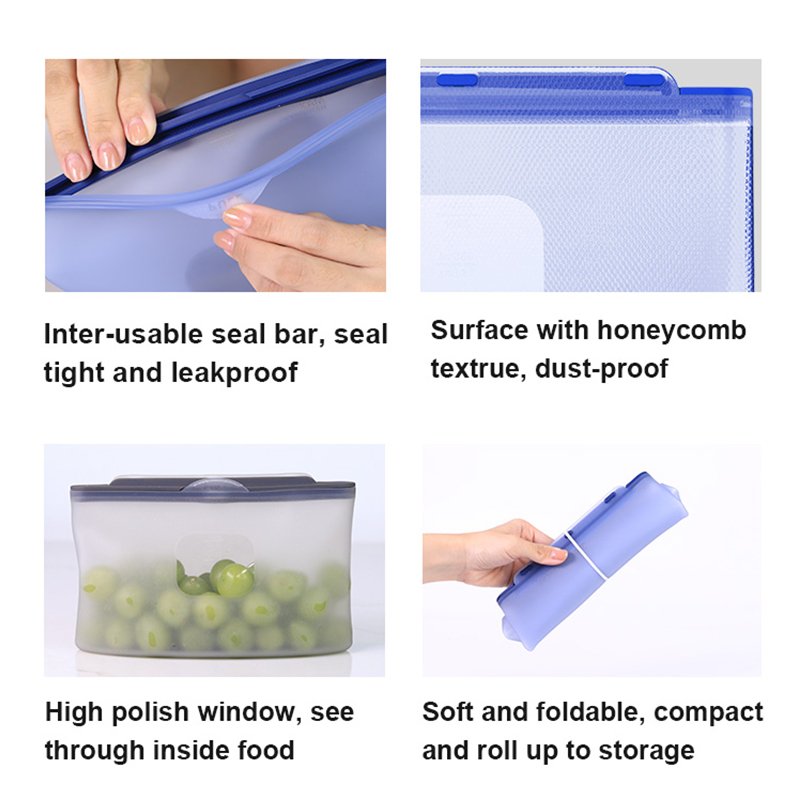 OEM/ODM 750ml 1500ml stand up pouch reusable silicone freezer bags food storage bags with sealing clips