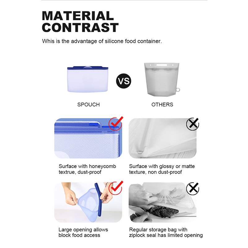 OEM/ODM 750ml 1500ml stand up pouch reusable silicone freezer bags food storage bags with sealing clips