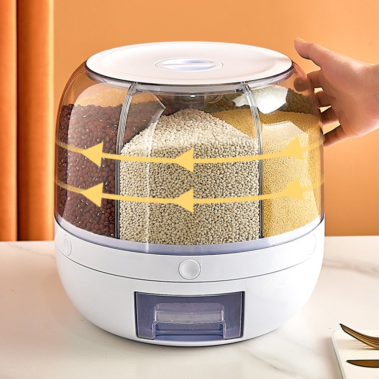 6 Grids 12lbs Rice Storage Container Rotatable Grain Food Storage One-Button Pressing Storage Bucket for Grain Multifunction