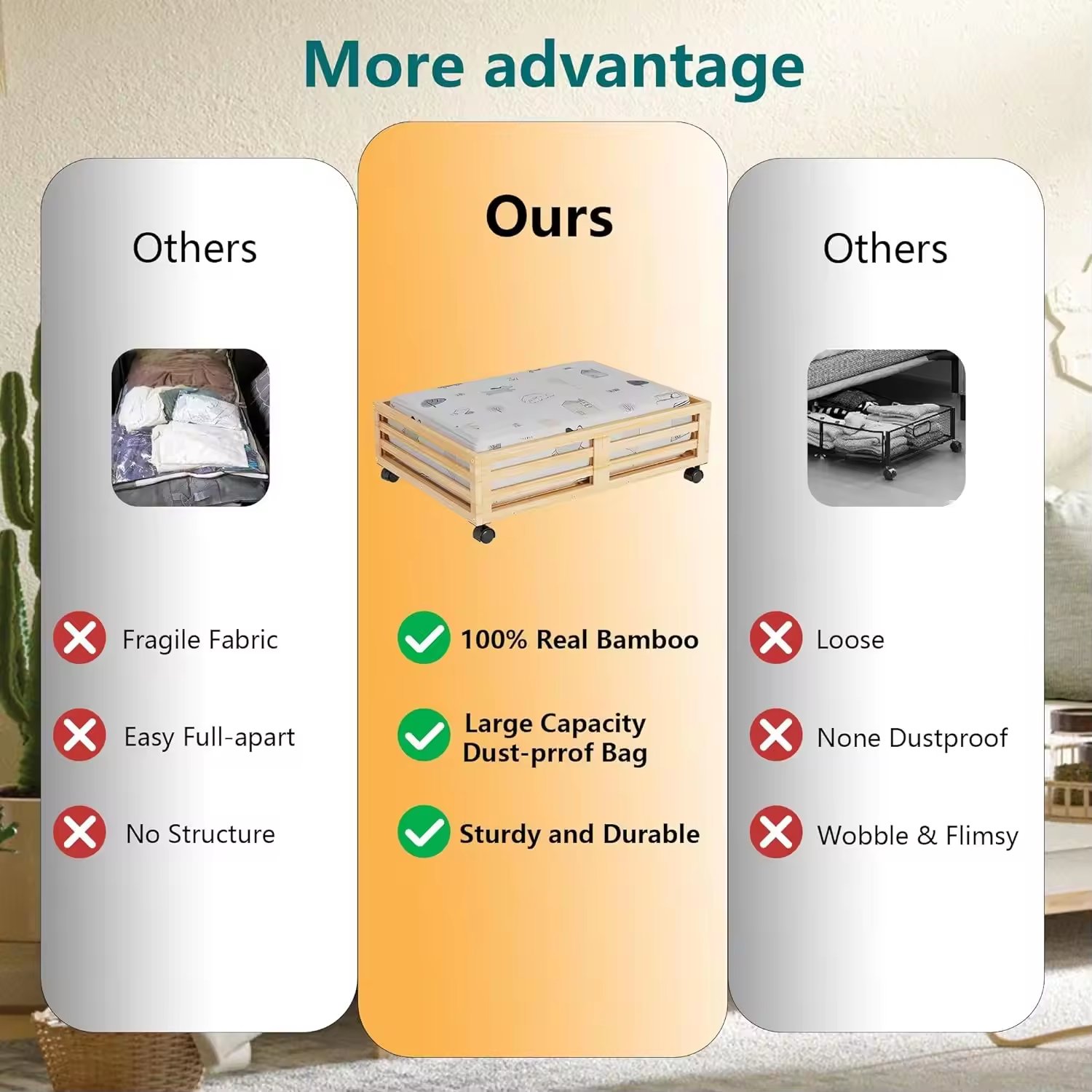 Large Capacity Household Closet Organizers and Storage Bins Bamboo Wooden Under Bed Storage Containers Organizer Box with Wheels