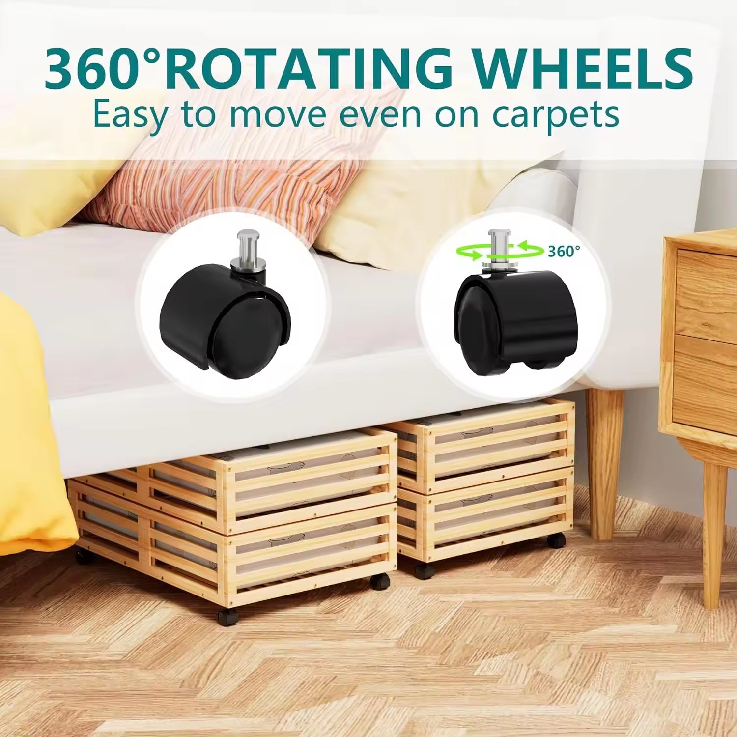 Large Capacity Household Closet Organizers and Storage Bins Bamboo Wooden Under Bed Storage Containers Organizer Box with Wheels