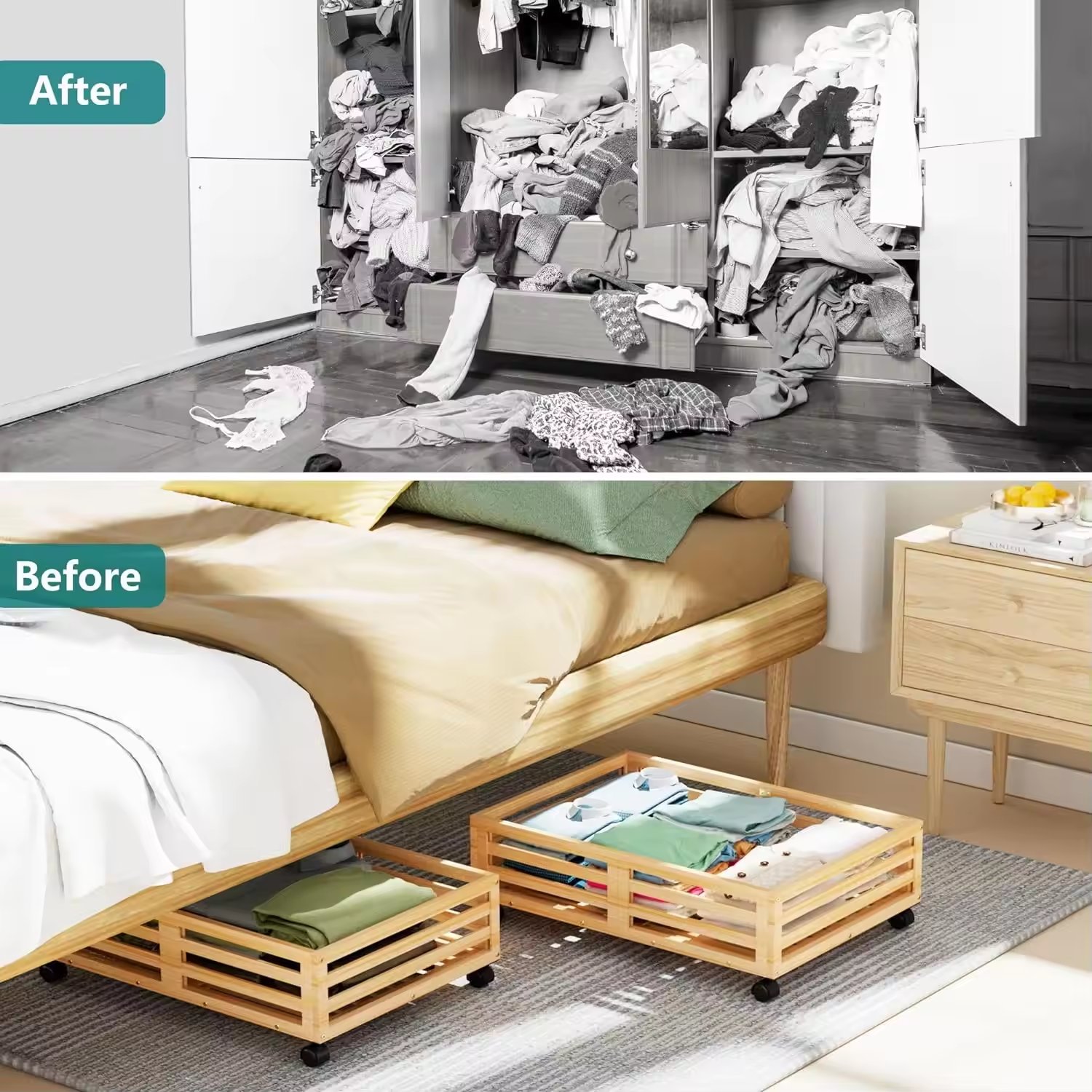 Large Capacity Household Closet Organizers and Storage Bins Bamboo Wooden Under Bed Storage Containers Organizer Box with Wheels