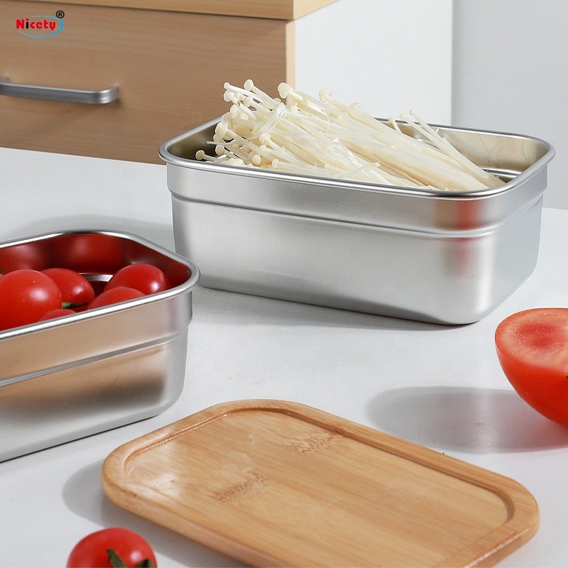 Nicety Stainless Steel Food Storage Bins for Adults Refrigerator Organizer Food Storage with Bamboo Lids