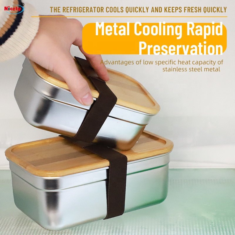 Nicety Stainless Steel Food Storage Bins for Adults Refrigerator Organizer Food Storage with Bamboo Lids