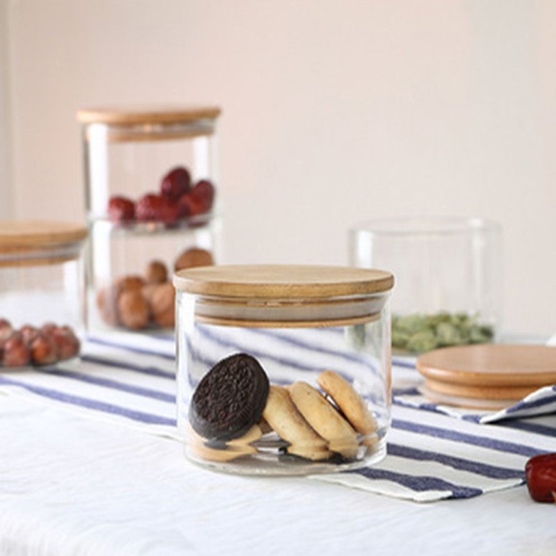 Clear glassjar combination bamboo lidded cereal storage jar with flower and food storage containers set with lids
