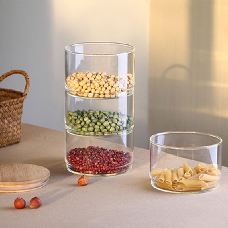 Clear glassjar combination bamboo lidded cereal storage jar with flower and food storage containers set with lids