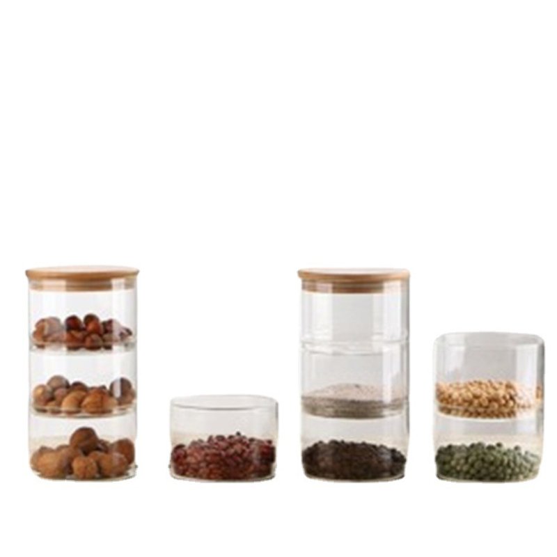 Clear glassjar combination bamboo lidded cereal storage jar with flower and food storage containers set with lids