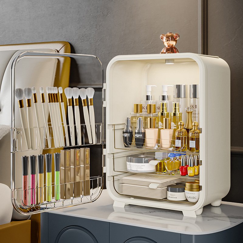 Large Tabletop Magnetic Side Door Makeup Kit Container Plastic Lipstick and Cosmetics Storage Box with Mirror and LED Light