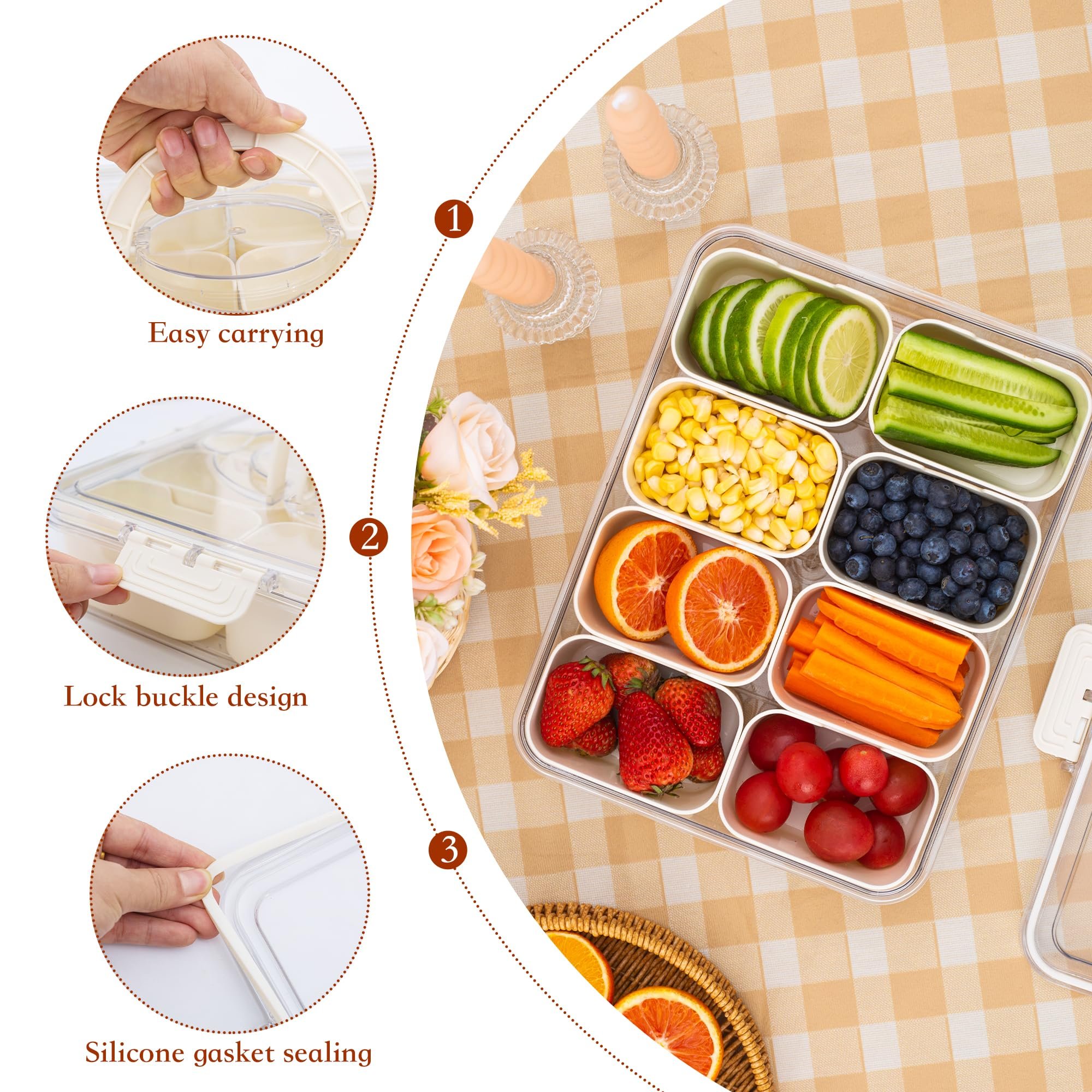 DDP USA Stock Portable Plastic Snack Storage Box PET Container Divided Serving Tray with Lid and Handle