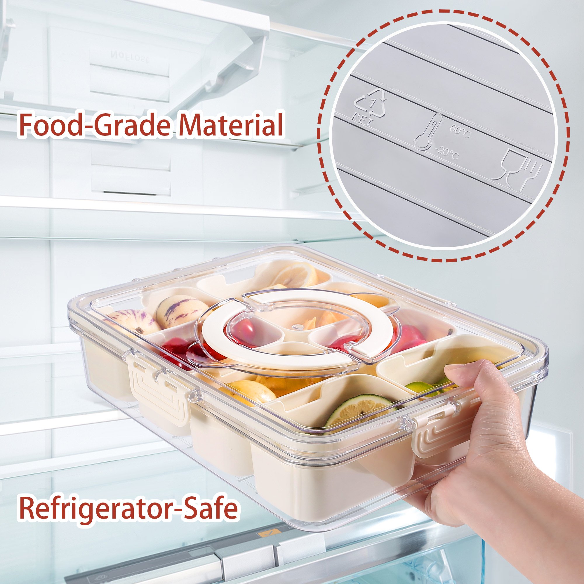 DDP USA Stock Portable Plastic Snack Storage Box PET Container Divided Serving Tray with Lid and Handle