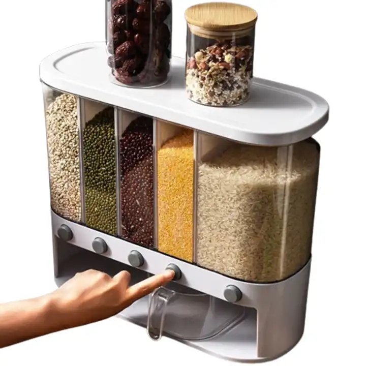 Compartment Food Storage Box Plastic Cereal Dispenser Storage Box Kitchen Food Grain Rice Container For Sale