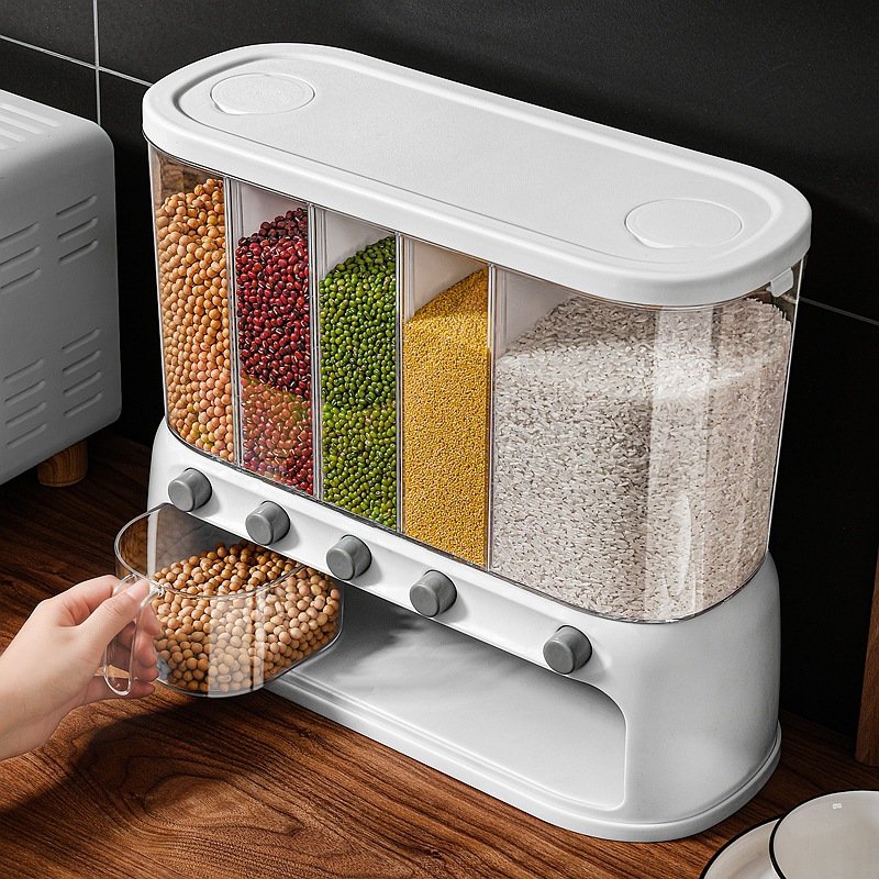 Compartment Food Storage Box Plastic Cereal Dispenser Storage Box Kitchen Food Grain Rice Container For Sale