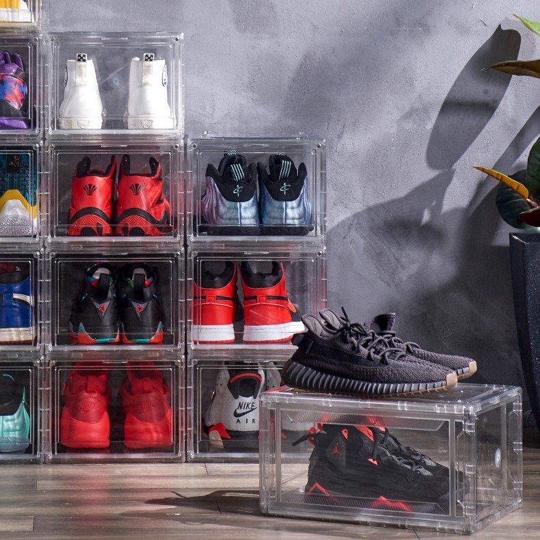 Wholesale Clear Plastic Sneaker Stackable Shoe Storage Boxes Drop Front Acrylic Drawer Type Magnetic Clear Shoe Box