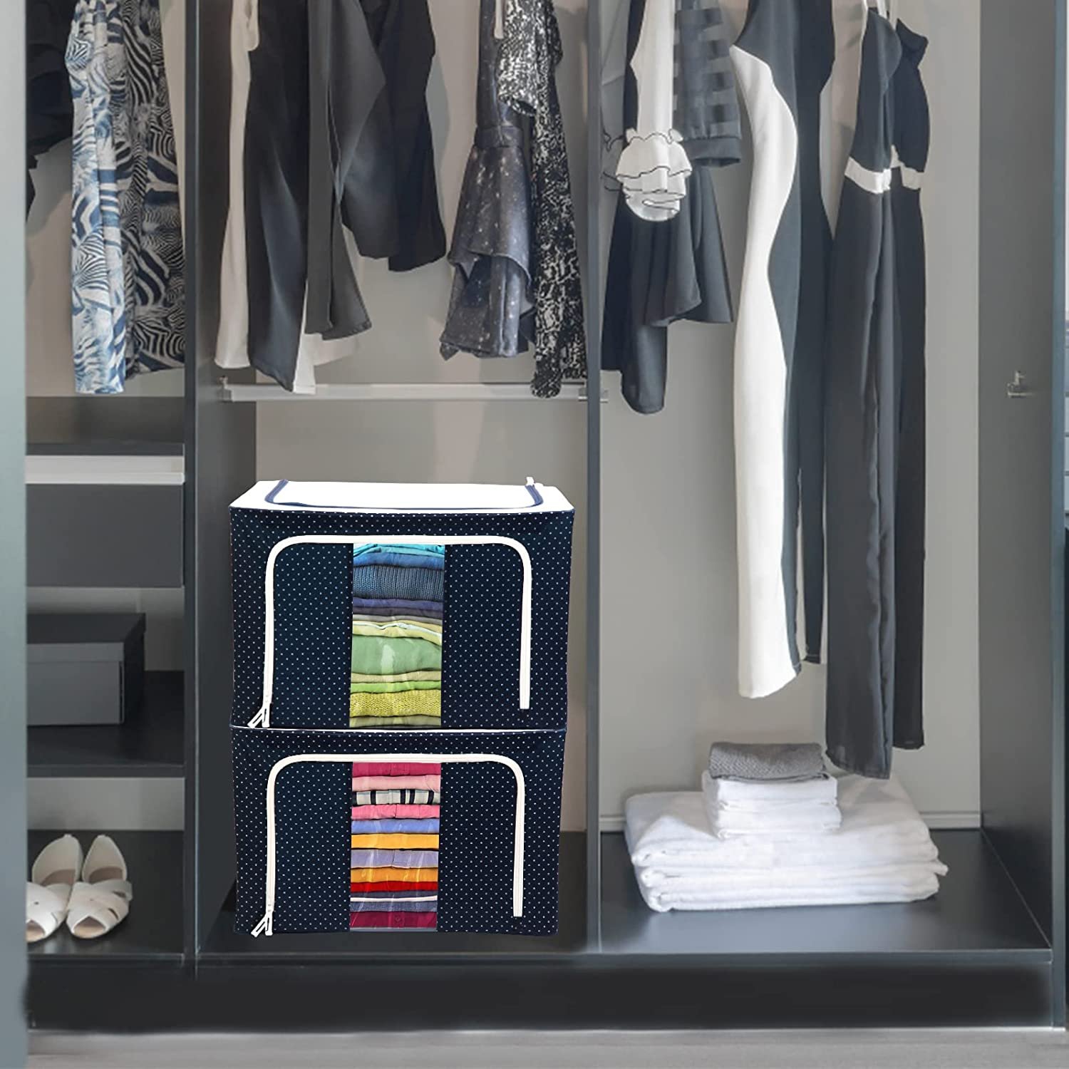 Cheap Hot Selling Clear Window Foldable Stackable Storage Bins Boxes Large Capacity Stackable Organizer With Steel Metal Frame