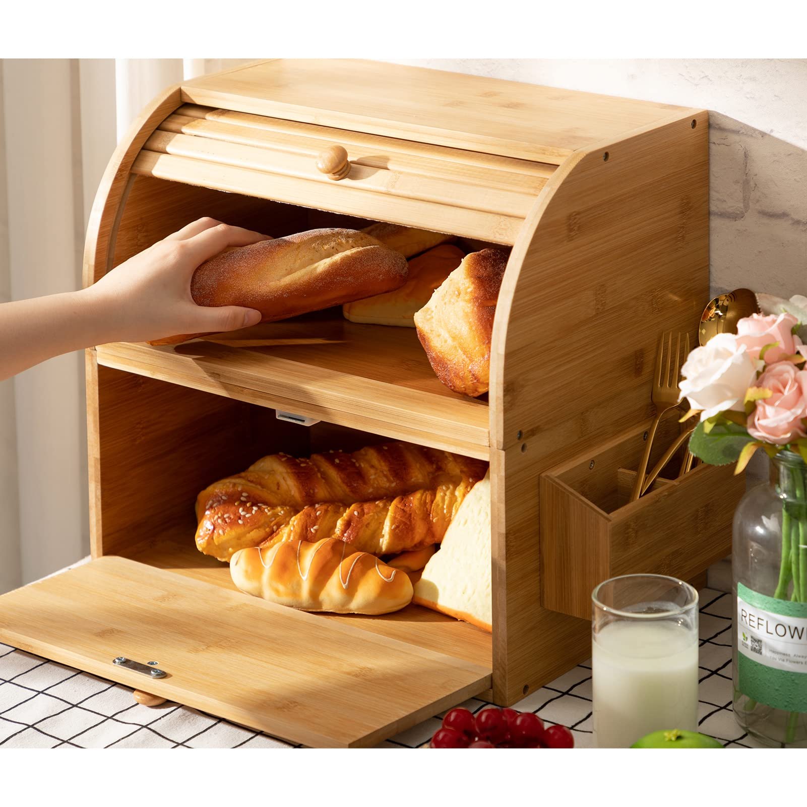 2 layer roll cover bread bag container food storage bamboo bread rack