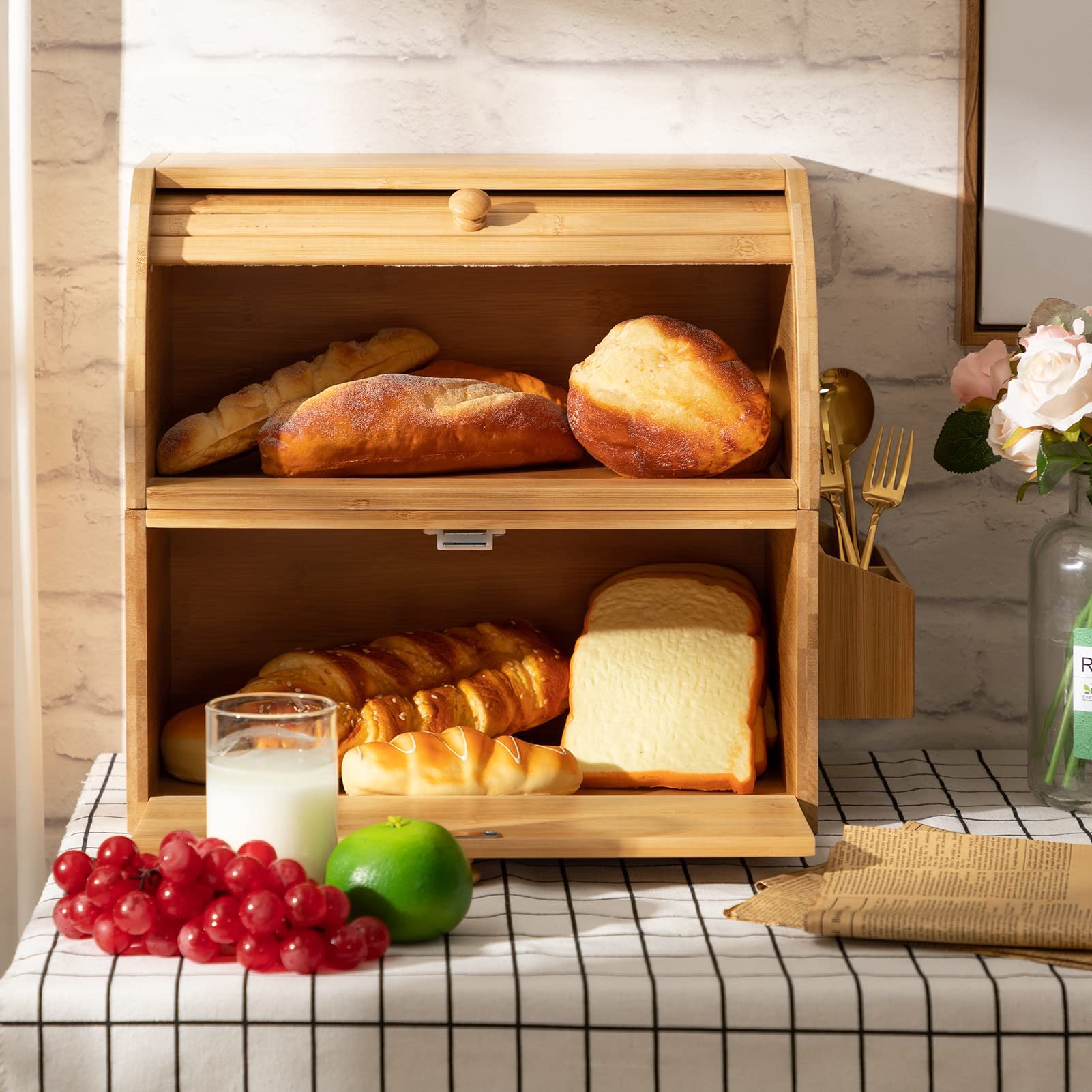 2 layer roll cover bread bag container food storage bamboo bread rack