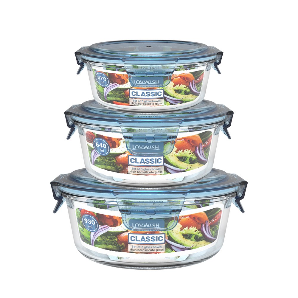3PCS Wholesale Clear Round Microwave Glass Bowl Set Bpa Free Meal Prep Glass Food Containers Set With Plastic Lid