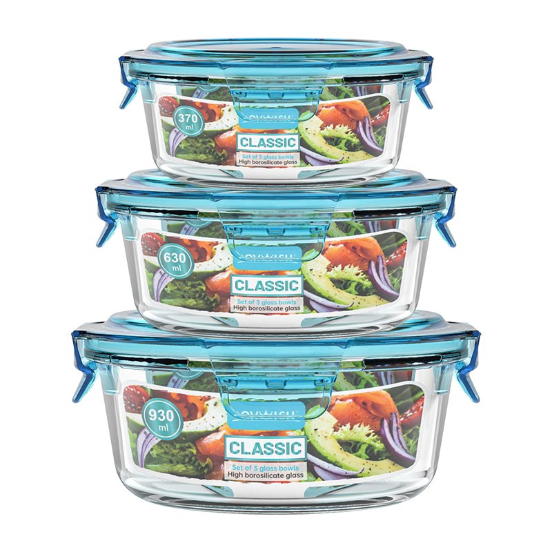 3PCS Wholesale Clear Round Microwave Glass Bowl Set Bpa Free Meal Prep Glass Food Containers Set With Plastic Lid