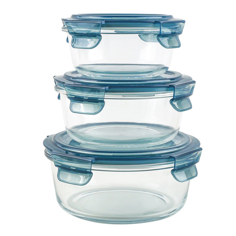 3PCS Wholesale Clear Round Microwave Glass Bowl Set Bpa Free Meal Prep Glass Food Containers Set With Plastic Lid