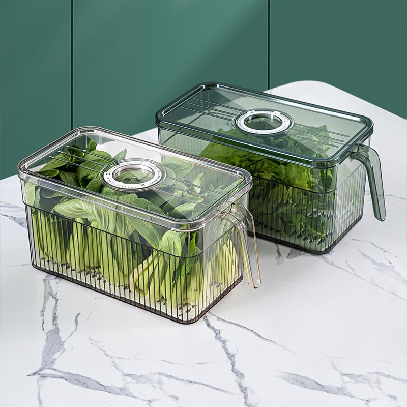 Japan Household Kitchen Refrigerator Organizer Large Transparent Plastic Storage Box with Timer & Handle for Fruits Vegetables