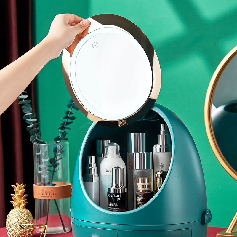 2 Pcs Set Removable Cosmetic Storage Box with LED Mirror 3 Drawer Egg Shape Vanity Dust proof Makeup Organizer for Women Girls