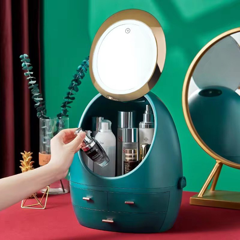 2 Pcs Set Removable Cosmetic Storage Box with LED Mirror 3 Drawer Egg Shape Vanity Dust proof Makeup Organizer for Women Girls