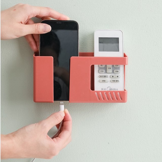 2 in 1 Wall Mounted Mobile Phone Holder Multifunction Holder Remote Control Storage Box Charger Hook Cable Charging Dock Stand