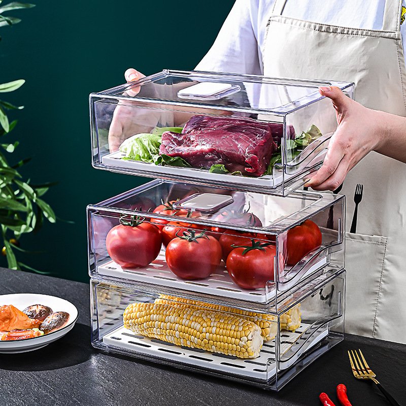 Kitchen Transparent Plastic Fridge Organizer For Vegetable Food Freezer Drawer Stackable Refrigerator Storage Box Bin