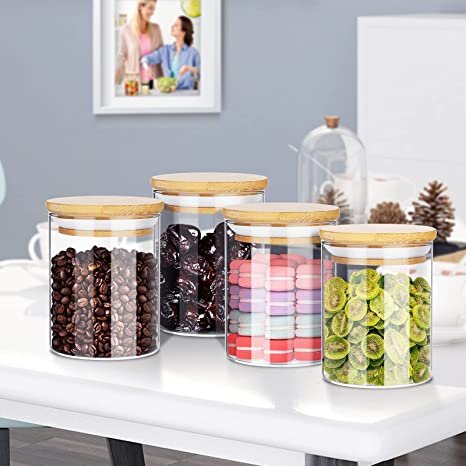 Set of 6 Kitchen Canisters For Sugar Rice and Spice Jar Containers with Bamboo Wooden Lids Glass Jars for Food Storage