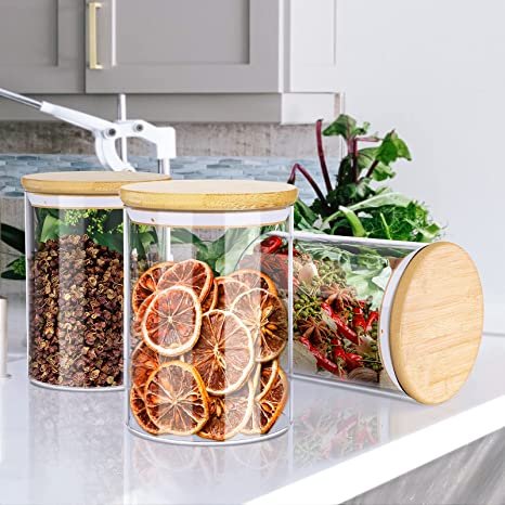 Set of 6 Kitchen Canisters For Sugar Rice and Spice Jar Containers with Bamboo Wooden Lids Glass Jars for Food Storage