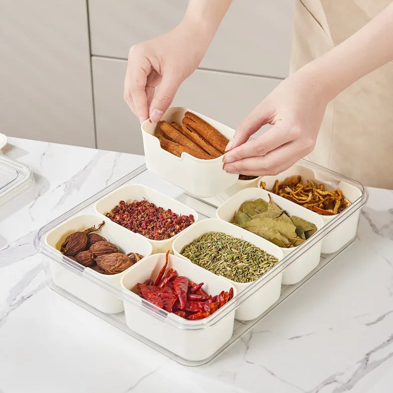 Kitchen sealed spice storage box Food grade 8-panel clear seasoning box with handle refrigerator crisper