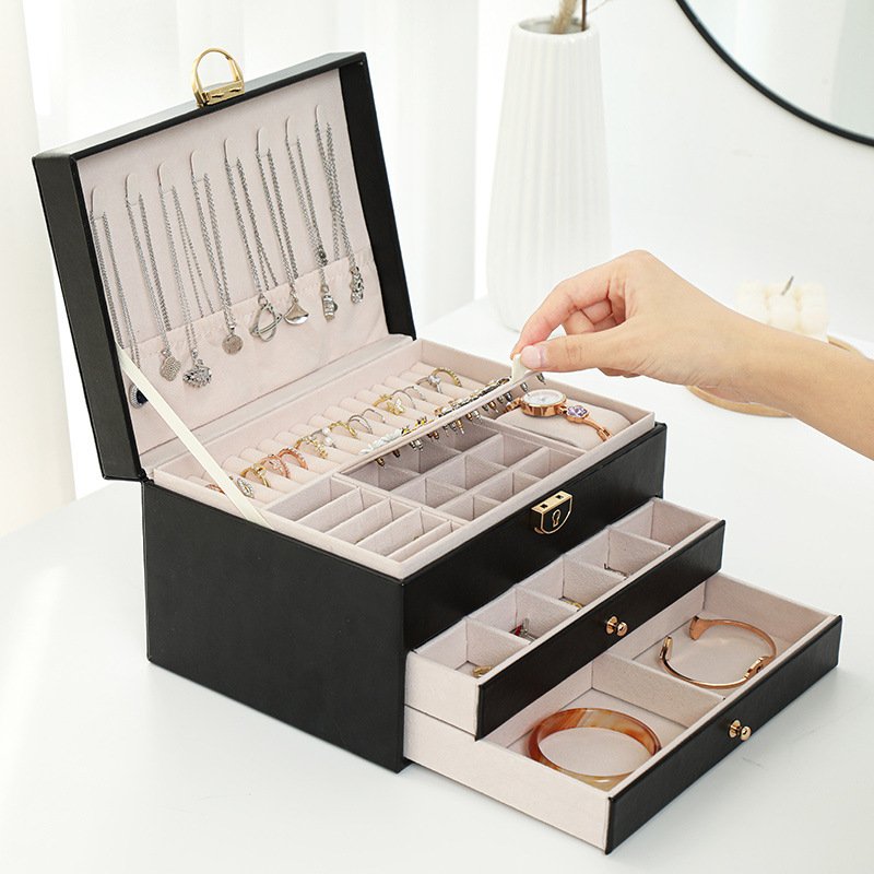 Multifunctional Jewelry Box Large Three-layer Leather Storage Box Earrings Jewelry Earring Box