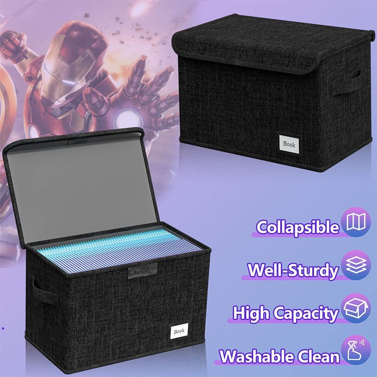High Quality Stackable Large Black Foldable Comic Book Storage Box With Lids And Handle