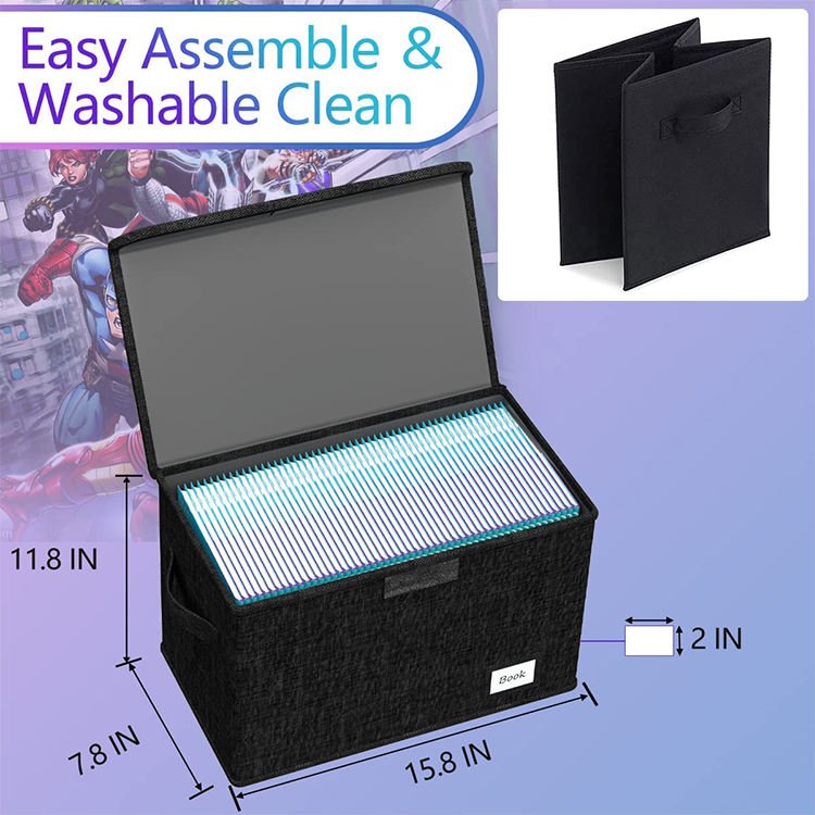 High Quality Stackable Large Black Foldable Comic Book Storage Box With Lids And Handle