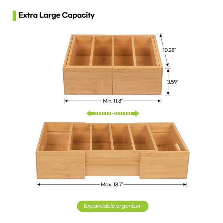 Bamboo Expandable Food Storage Container Lids Multifunction Kitchen Cabinet Drawer Organizer With Adjustable Dividers