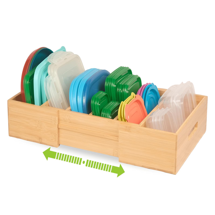 Bamboo Expandable Food Storage Container Lids Multifunction Kitchen Cabinet Drawer Organizer With Adjustable Dividers