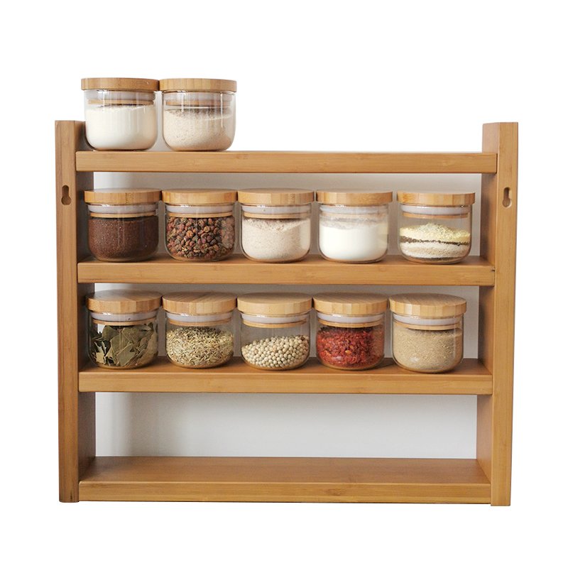 New designed unique kitchen glass storage container round bottom clear glass spice bottle jars with Thickened sealed bamboo lid