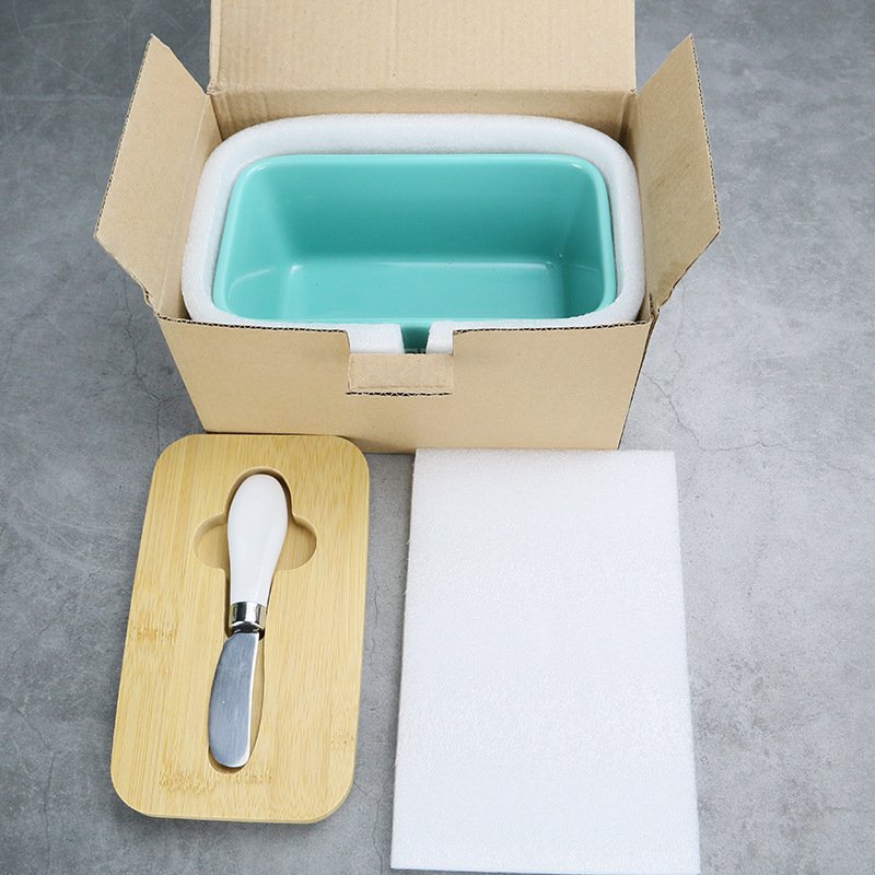 Nordic Style Custom Porcelain Butter Dish Keeper Container Food Storage Butter Box with Bamboo Lid and Knife