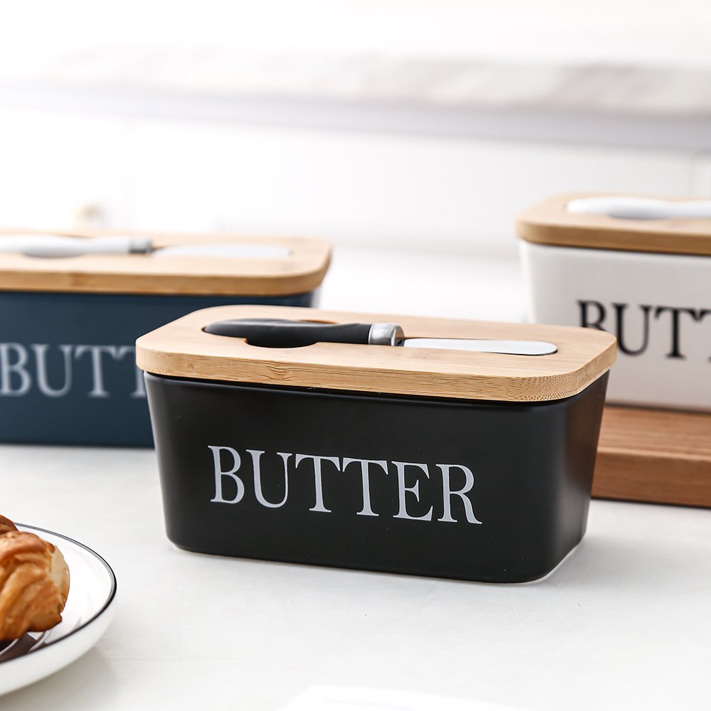 Nordic Style Custom Porcelain Butter Dish Keeper Container Food Storage Butter Box with Bamboo Lid and Knife