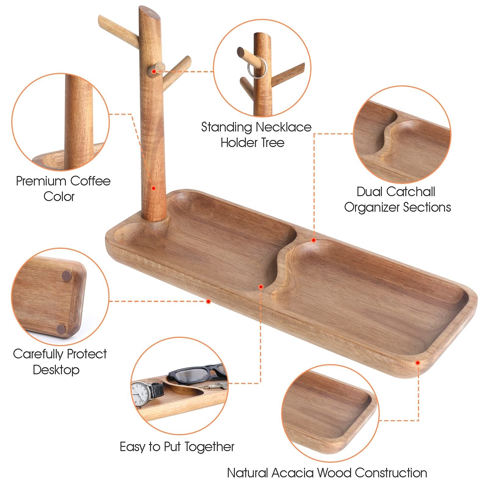 Bamboo Storage Tray for Apple Watch Bands Wooden Catchall Tray with 3 Stand Hanging Organizer