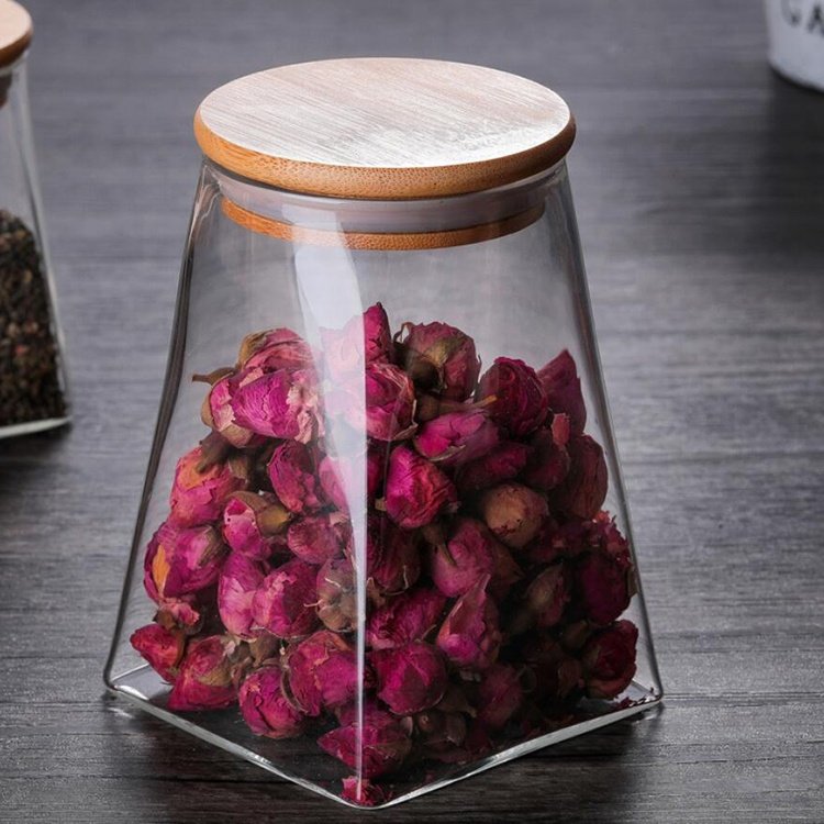 High Quality 450ml 700ml Coffee Bean Square Bottom Food Storage Glass Jar With Bamboo Lid