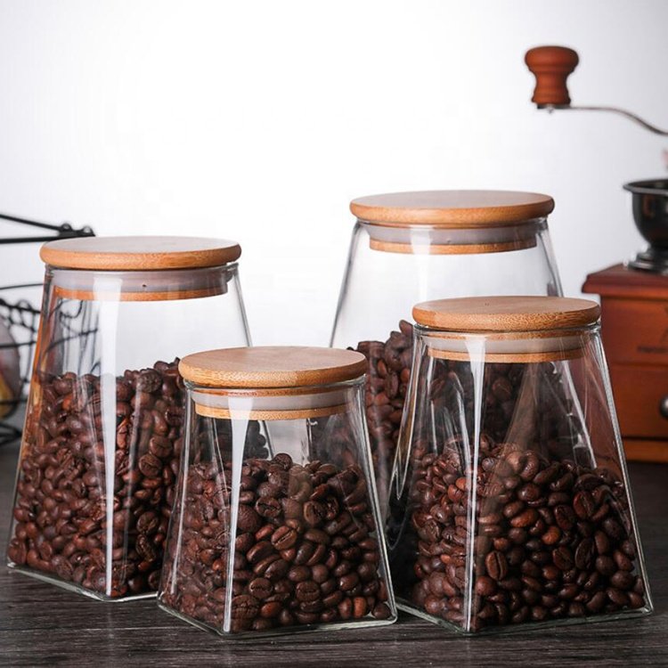 High Quality 450ml 700ml Coffee Bean Square Bottom Food Storage Glass Jar With Bamboo Lid
