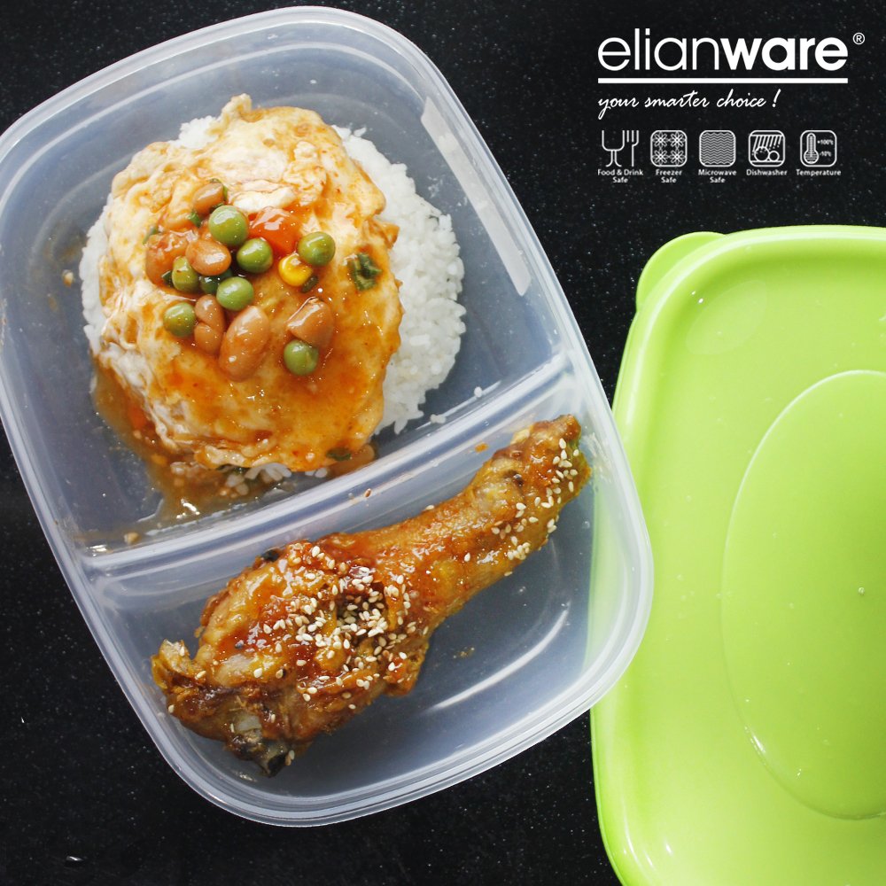 Elianware BPA Free Plastic (PP) Reheat-able Bento Food Safe Food Container Dishwasher Safe 2 Compartment Microwavable Lunch Box