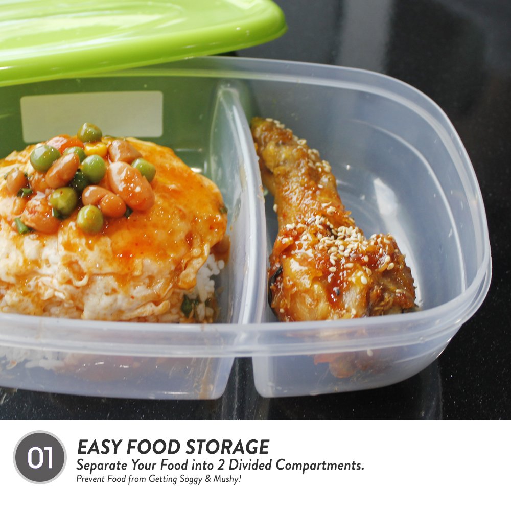 Elianware BPA Free Plastic (PP) Reheat-able Bento Food Safe Food Container Dishwasher Safe 2 Compartment Microwavable Lunch Box
