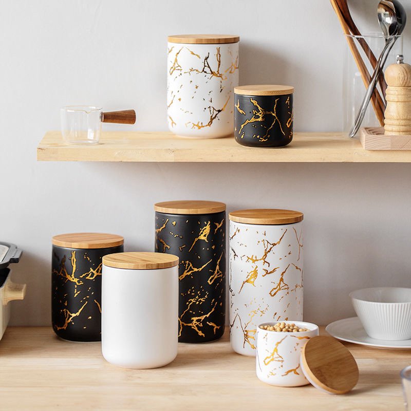 Custom Kitchen Ceramic jar Canisters with Bamboo Lids Airtight Canister Food Storage Jar for Coffee Sugar Tea Storage Bottle
