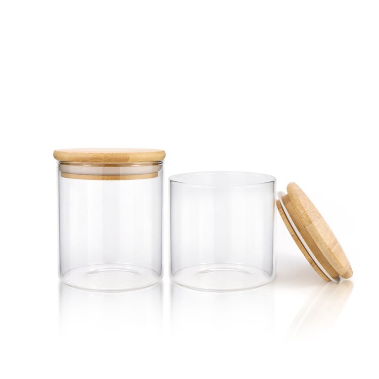 Home goods 300ml 500ml round air tight candle borosilicate glass food storage container jar with bamboo sealed lid