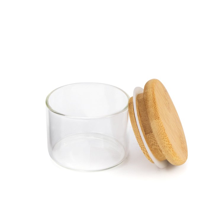 Home goods 300ml 500ml round air tight candle borosilicate glass food storage container jar with bamboo sealed lid