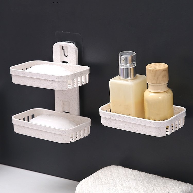 Soap Rack No Drilling Wall Mounted Double Layer Soap Holder Sponge Dish Bathroom Accessories Soap Dishes Self Adhesive