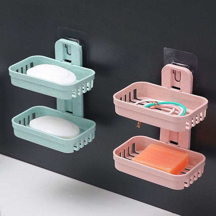 Soap Rack No Drilling Wall Mounted Double Layer Soap Holder Sponge Dish Bathroom Accessories Soap Dishes Self Adhesive