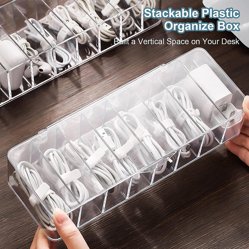 7 Compartment Clear Plastic Cable Organizer Wire Management Data USB Charging Cord Storage Boxes with Lid and 10 Wire Ties